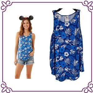Disney Hawaiian Mickey Minnie  and Friends Blue White Aloha Tank Top SMALL